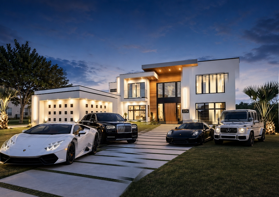 The CEO BAE Dallas estate at dusk, lined with luxury cars