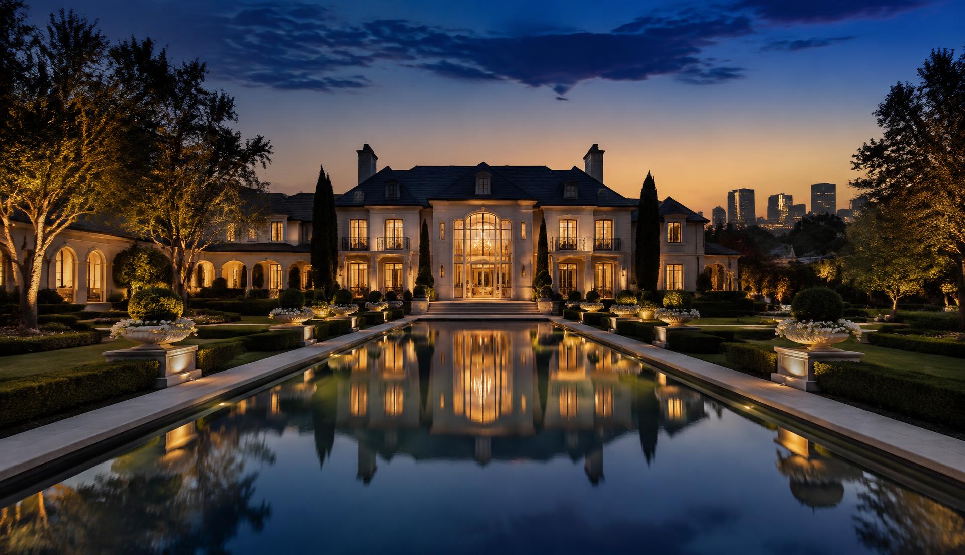 A private estate reflecting pool at twilight