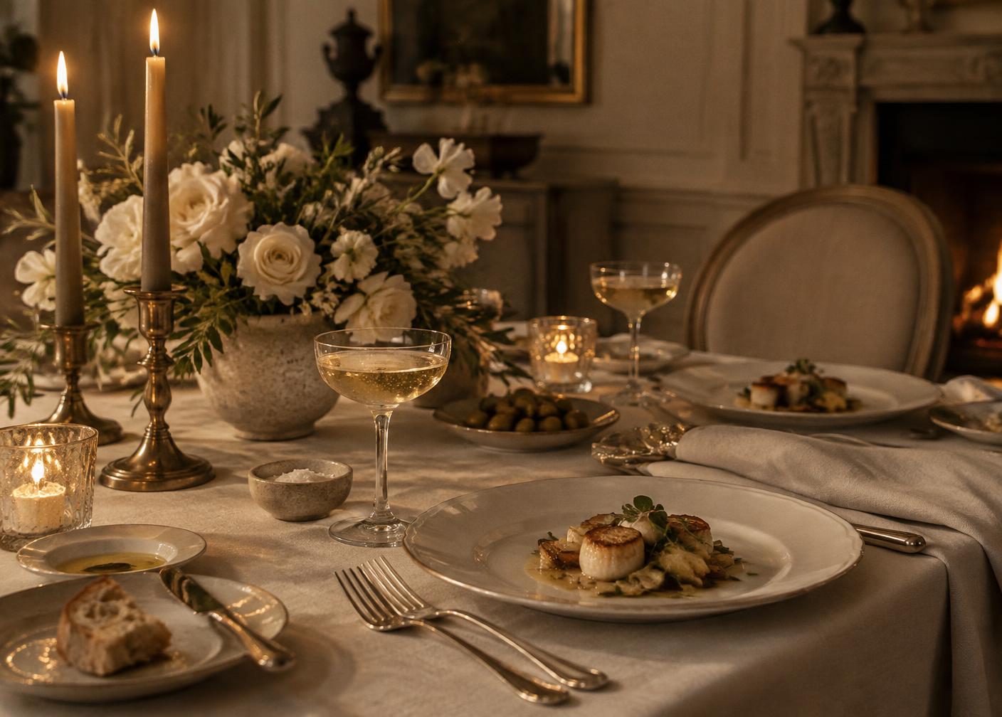 A candlelit dining table set for an intimate dinner