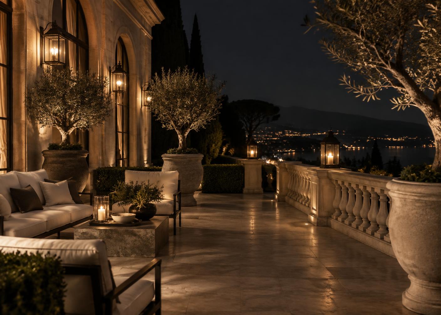 A lantern-lit estate terrace in the evening